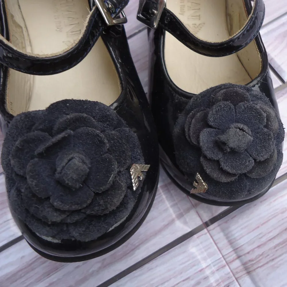 SIZE 24. Armani baby Mary Janes navy patent leather shoes.